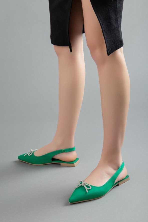 Saten Taşlı Arka Açık Düz Taban Yeşil Kadın Babet - Resim 2