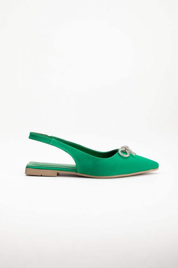 Saten Taşlı Arka Açık Düz Taban Yeşil Kadın Babet - Resim 3