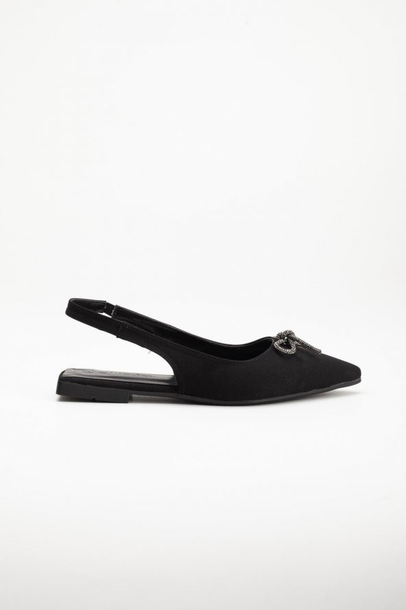 Saten Taşlı Arka Açık Düz Taban Siyah Kadın Babet - Resim 3