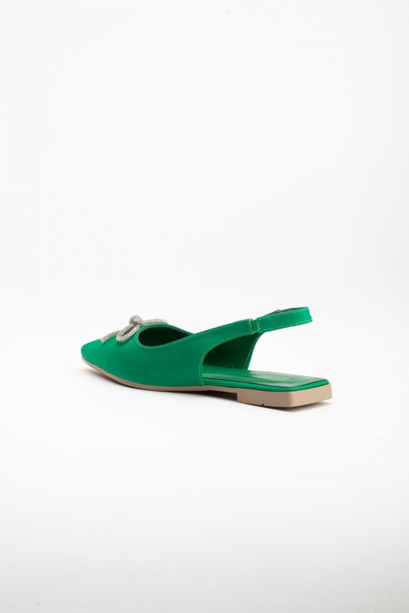 Saten Taşlı Arka Açık Düz Taban Yeşil Kadın Babet - Resim 5