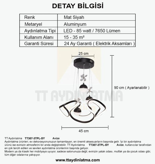 TT Aydınlatma TT307-3TPL-SY  Helezon Modeli Mat Siyah 3 Toplu 3 Renk Modüllü Ledli Avize - 4