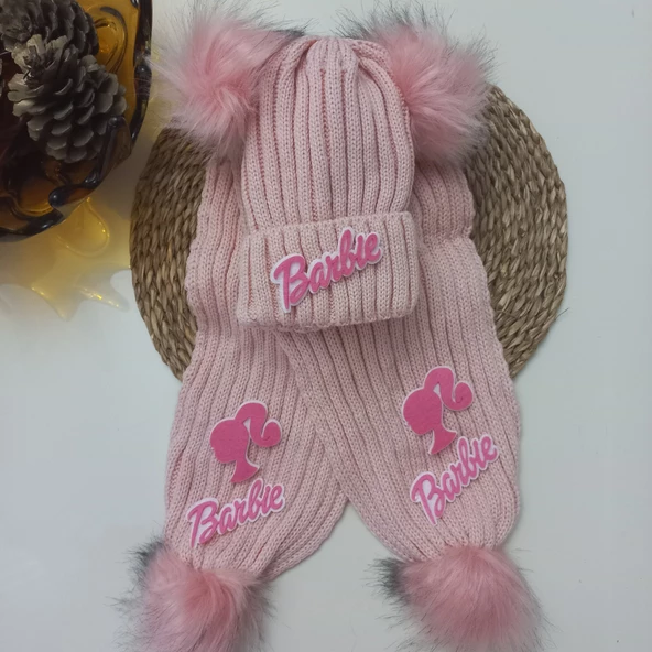 MARS BABY Kız Bebek Çocuk Barbie Figürlü Pudra Çift Ponponlu Atkı Bere Takımı