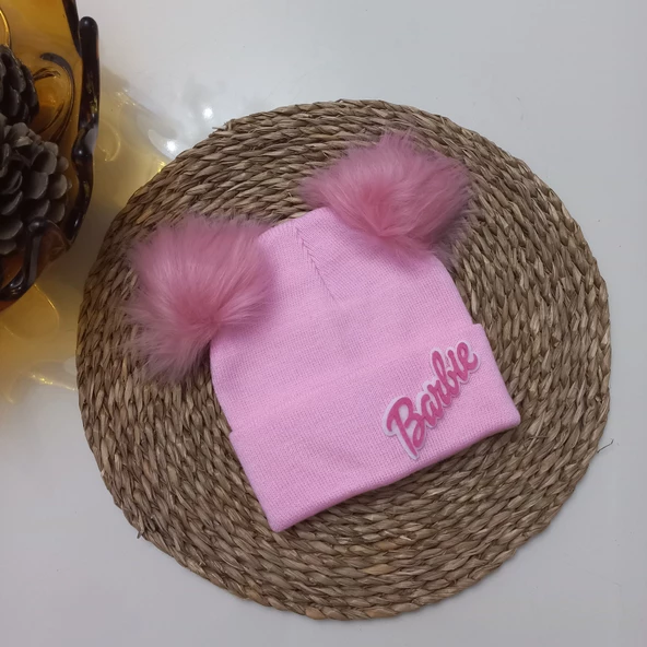 MARS BABY Kız Bebek Çocuk Barbie Figürlü Pembe Çift Ponponlu Bere