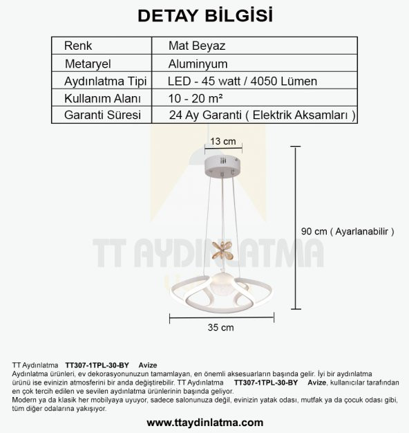 TT Aydınlatma TT307-1TPL-30-BY  Helezon Modeli Mat Beyaz Tek Toplu 3 Renk Modüllü Ledli Avize - Resim 4