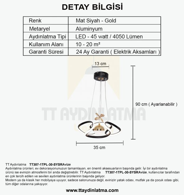 TT Aydınlatma Helezon Modeli Mat Siyah-Gold Tek Toplu 3 Renk Modüllü Led Avize - 4