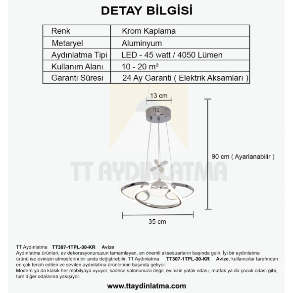 TT Aydınlatma TT307-1TPL-30-KR  Helezon Modeli Krom Kaplama Tek Toplu 3 Renk Modüllü Ledli Avize - 4
