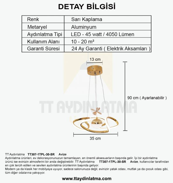 TT Aydınlatma TT307-1TPL-30-SR  Helezon Modeli Sarı Kaplama Tek Toplu 3 Renk Modüllü Ledli Avize - Resim 4