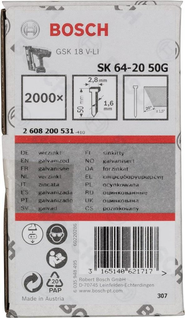 Bosch Başsız Çivi 50mm Galvenizli 2000 Adet
