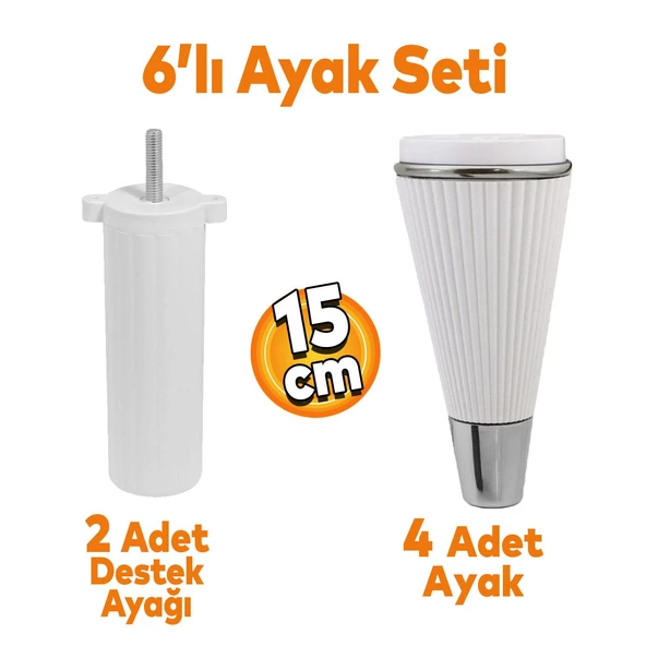 Iron 6'lı Set Mobilya Tv Ünitesi Çekyat Koltuk Kanepe Destek Ayağı 15 Cm Beyaz Ayakları M8 Civatalı