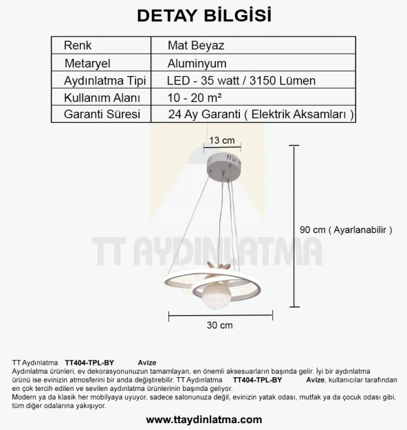 TT Aydınlatma TT404-TPL-BY  Göz Modeli Mat Beyaz Tek Toplu 3 Renk Modüllü Ledli Avize - 4