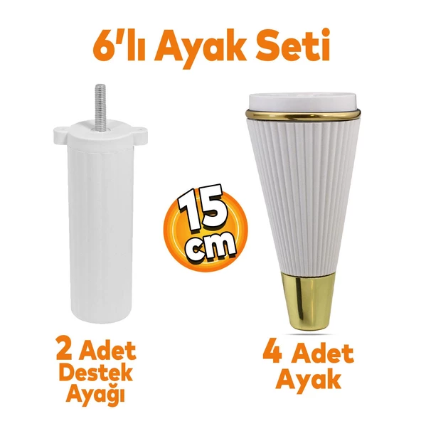 İron 6'lı Set Mobilya TV Ünitesi Çekyat Koltuk Kanepe Destek Ayağı 15 cm Beyaz Ayak M8 Civatalı