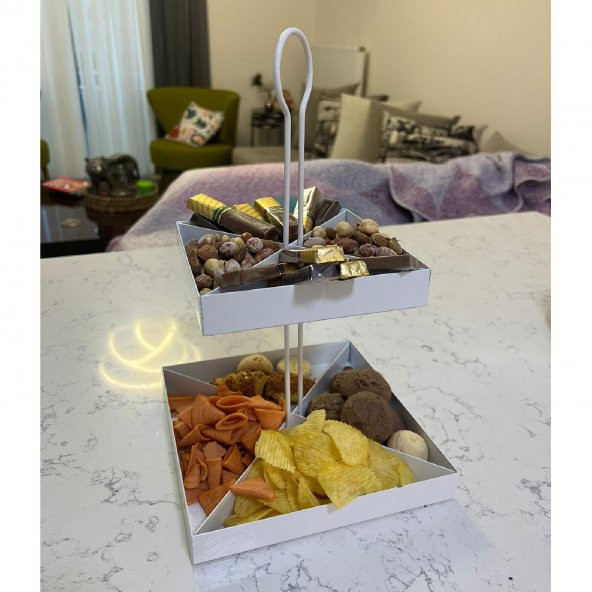 2 Katlı Dekoratif Metal Çerezlik, Peynir Sunum Servis Tabağı - Lokumluk -Makaron, Pankek Ve Tatlı Sunum Standı BEYAZ