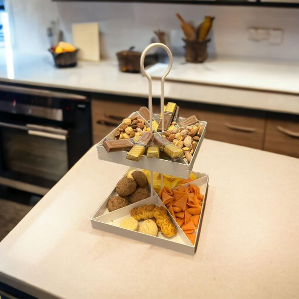 2 Katlı Dekoratif Metal Çerezlik, Peynir Sunum Servis Tabağı - Lokumluk -Makaron, Pankek Ve Tatlı Sunum Standı BEYAZ - 2