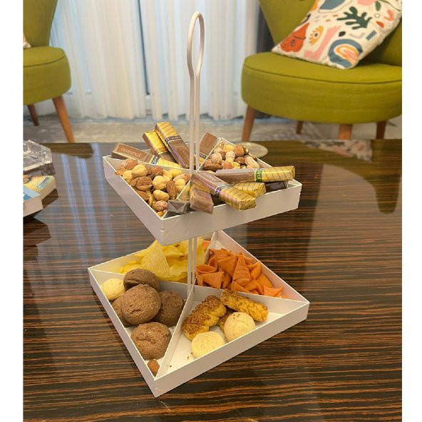 2 Katlı Dekoratif Metal Çerezlik, Peynir Sunum Servis Tabağı - Lokumluk -Makaron, Pankek Ve Tatlı Sunum Standı BEYAZ - 3