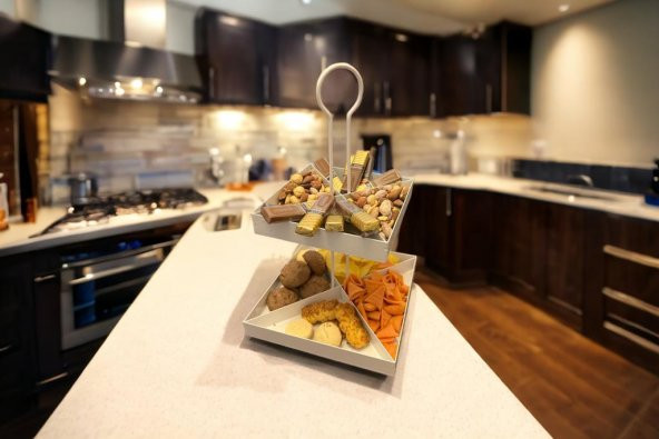 2 Katlı Dekoratif Metal Çerezlik, Peynir Sunum Servis Tabağı - Lokumluk -Makaron, Pankek Ve Tatlı Sunum Standı BEYAZ - 5