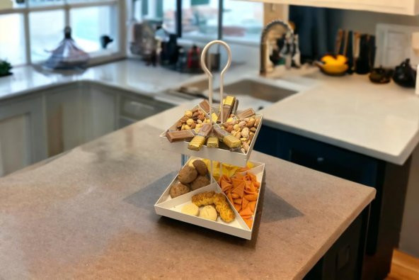 2 Katlı Dekoratif Metal Çerezlik, Peynir Sunum Servis Tabağı - Lokumluk -Makaron, Pankek Ve Tatlı Sunum Standı BEYAZ - 6