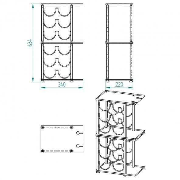 2 ADET 6 BÖLMELİ TEZGAHÜSTÜ ŞARAP STANDI MODEL-1 SİYAH - 7