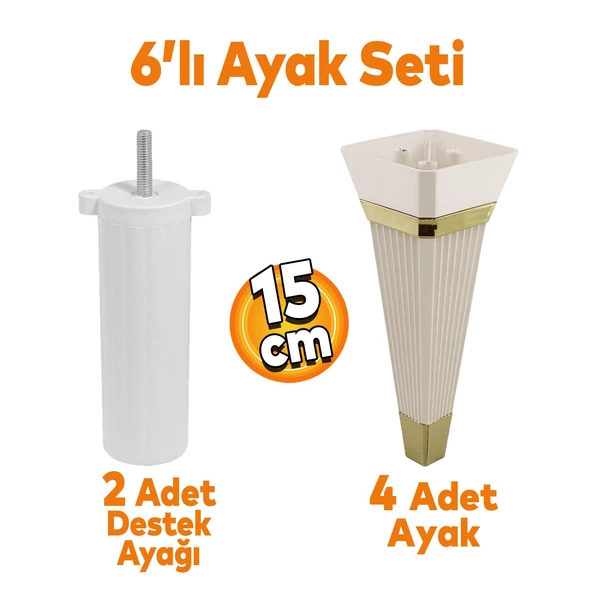 Alcazar 6'lı Set Mobilya Tv Ünitesi Koltuk Kanepe Destek Ayağı 15 Cm Krem Ayakları M8 Civatalı