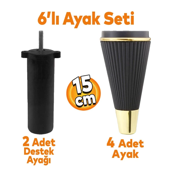 Iron 6'lı Set Mobilya Tv Ünitesi Çekyat Koltuk Kanepe Destek Ayağı 15 Cm Siyah Ayakları M8 Civatalı