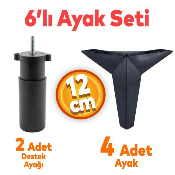 Kale 6lı Set Mobilya TV Ünitesi Çekyat Koltuk Kanepe Destek Ayağı 12 cm Siyah Baza Ayak M8 Civatalı