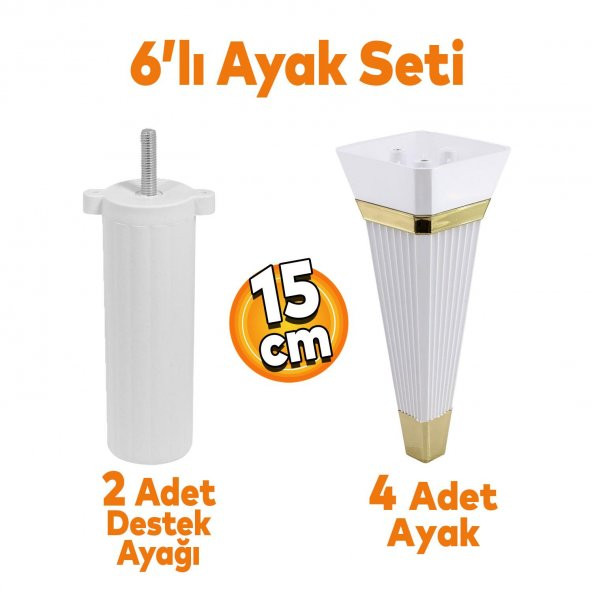 Alcazar 6'lı Set Mobilya Tv Ünitesi Koltuk Kanepe Destek Ayağı 15 Cm Beyaz Ayakları M8 Civatalı