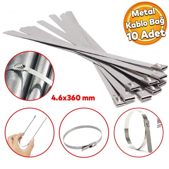 Cırt Kelepçe Metal Paslanmaz Çelik Kablo Zip Bağı Çok Amaçlı Bağlama 4.6x360 10 Adet