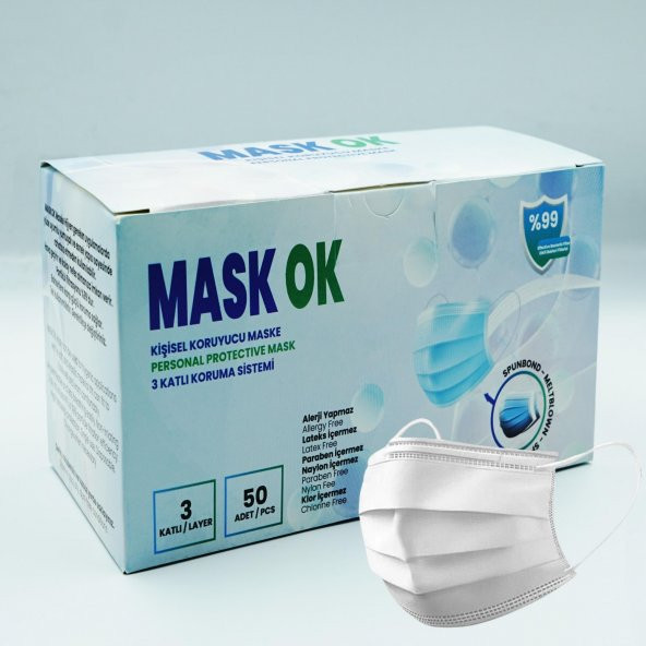 MASKOK 3 KATLI TELLİ BEYAZ KORUYUCU MASKE 50 ADET