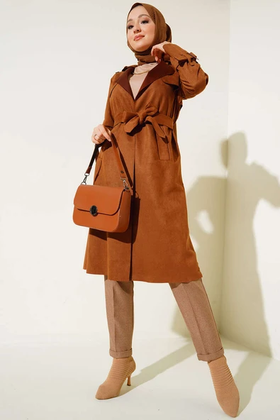 Kuşaklı Araboy Süet Trençkot Taba - 2