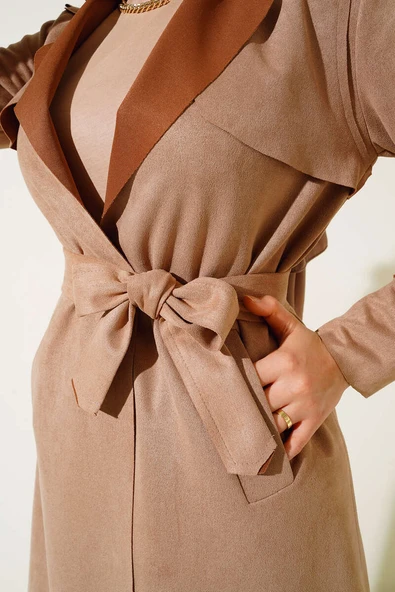 Kuşaklı Araboy Süet Trençkot Camel - 4