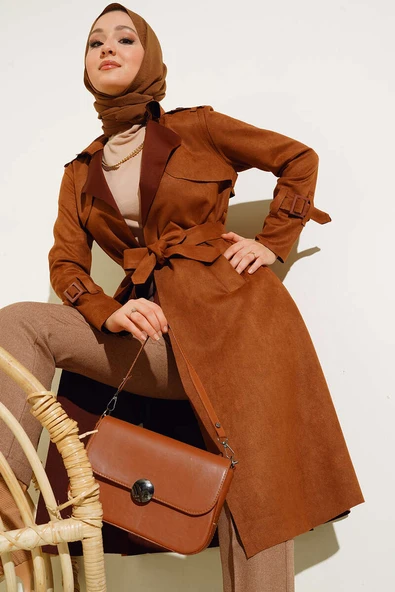 Kuşaklı Araboy Süet Trençkot Taba