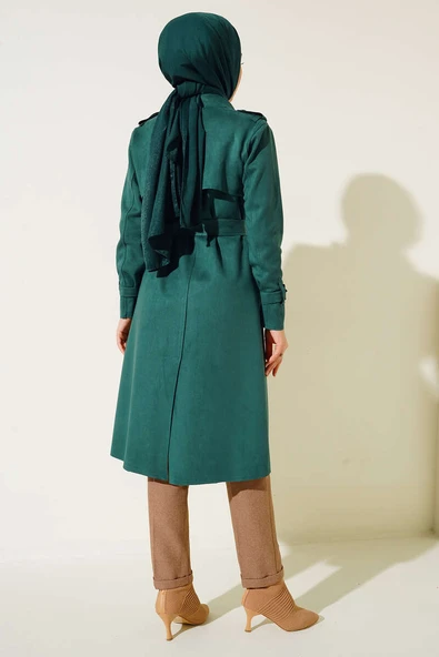 Kuşaklı Araboy Süet Trençkot Zümrüt Yeşili - 3