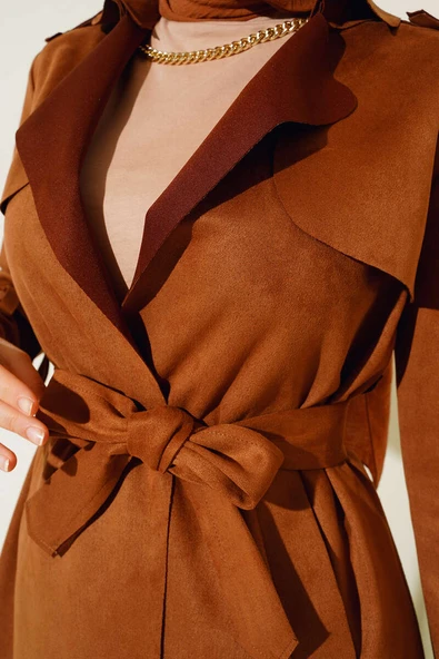 Kuşaklı Uzun Süet Trençkot Taba - 4