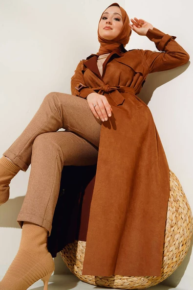 Kuşaklı Uzun Süet Trençkot Taba