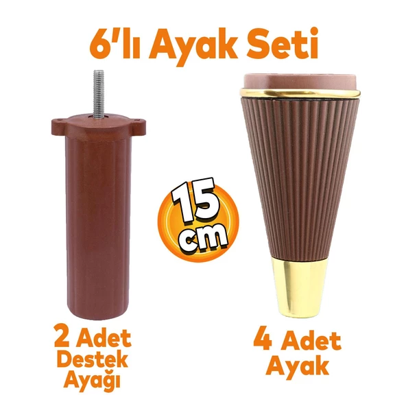 Iron 6'lı Set Mobilya Tv Ünitesi Çekyat Koltuk Kanepe Destek Ayağı 15 Cm Ceviz Ayakları M8 Civatalı