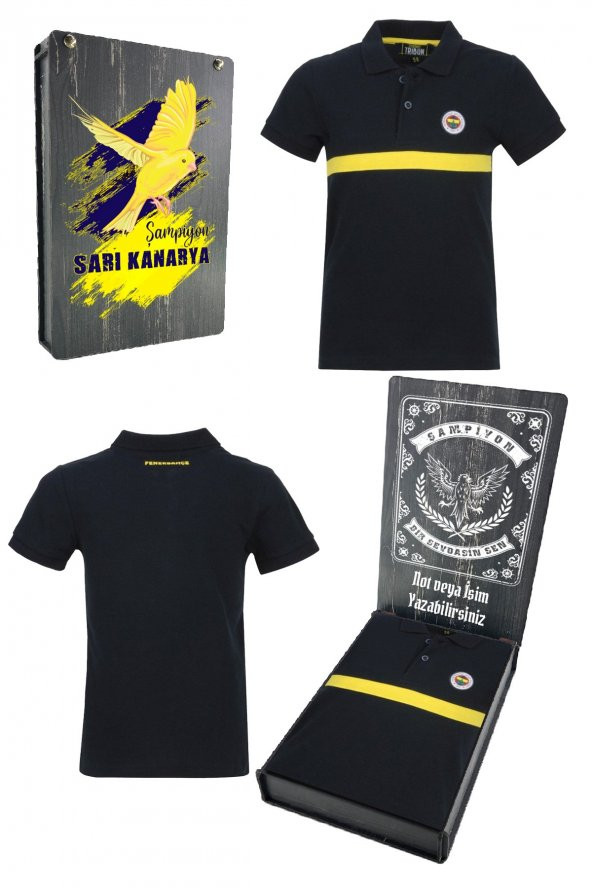 Fenerbahçe Orijinal Lisanslı Polo Yaka Çocuk T-Shirt Kişiye Özel Hediyelik Ahşap Kutulu