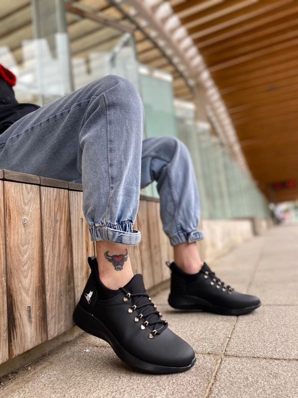 BA0601 Bağcıklı Rahat Yüksek Taban Siyah Casual Erkek Spor Ayakkabı