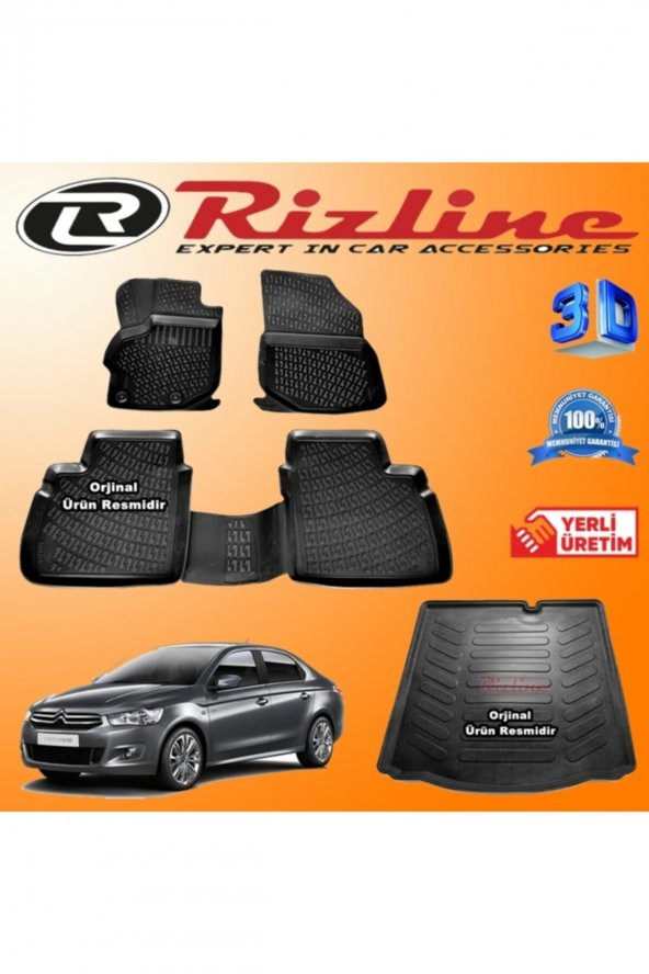 Rizline Citroen Elysee 3d Paspas + 3d Bagaj Havuzu 2012-2020 Arası Siyah Set