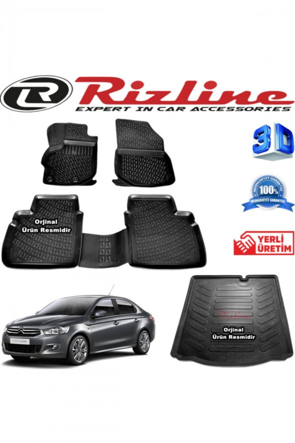 Rizline Citroen Elysee 3d Paspas + 3d Bagaj Havuzu 2012-2020 Arası Siyah Set