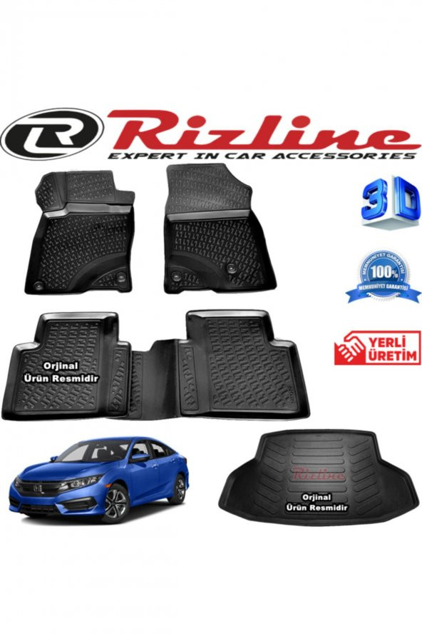 Rizline Honda Civic 3d Paspas + 3d Bagaj Havuzu Sedan 2016 - 2020 Arası Siyah Set
