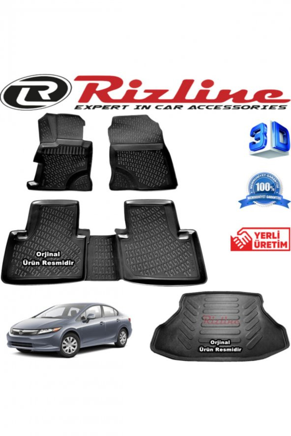 Rizline Honda Civic 3d Paspas + 3d Bagaj Havuzu Sedan 2012 - 2016 Arası Siyah Set