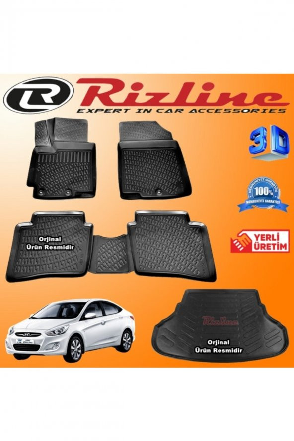 Rizline Hyundai Accent Blue 3d Paspas + 3d Bagaj Havuzu 2011-2019 Arası Siyah Set