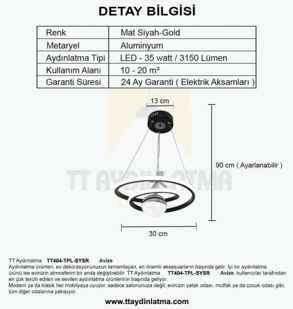 TT Aydınlatma TT404-TPL-SYSR  Göz Modeli Mat Siyah-Gold Tek Toplu 3 Renk Modüllü Ledli Avize - 4