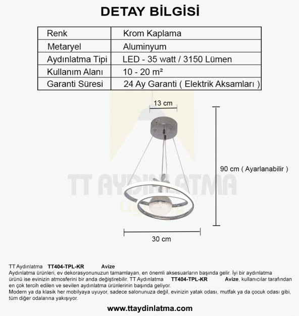 TT Aydınlatma TT404-TPL-KR  Göz Modeli Krom Kaplama Tek Toplu 3 Renk Modüllü Ledli Avize - 4