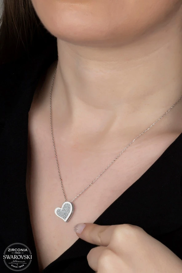 Swarovski Zirconia Kadın Büyük Kalp Gümüş Kolye - 2