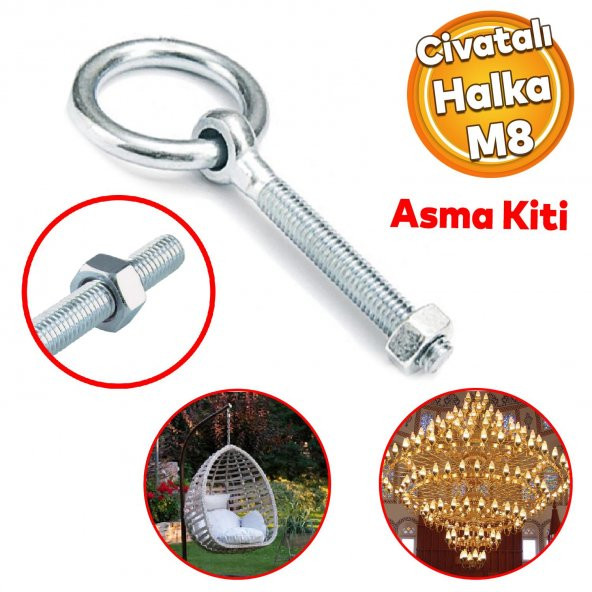 Delikli Halkalı Metal Paslanmaz Civata M8 Somunlu Sabitleme Çekme Kaldırma Tavan Kancası Asma Kit
