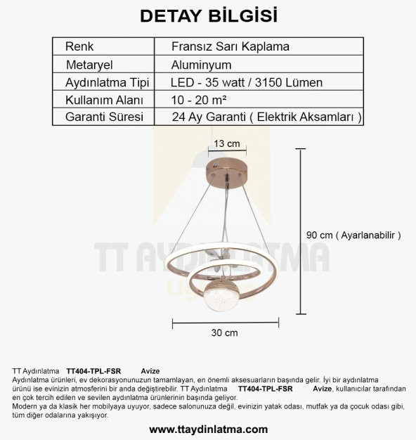 TT Aydınlatma TT404-TPL-FSR  Göz Modeli Fransız Sarısı Kaplama Tek Toplu 3 Renk Modüllü Ledli Avize - 4