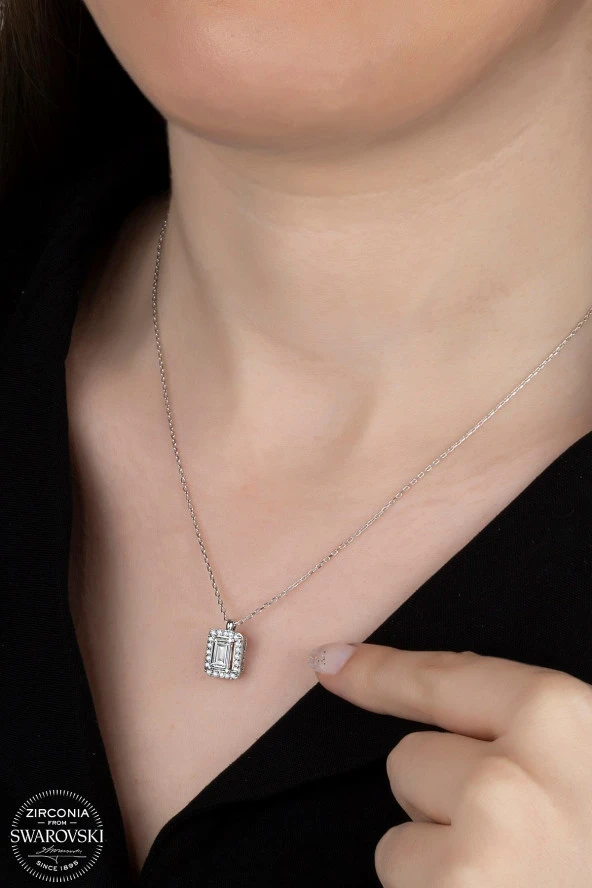 Swarovski Zirconia Kadın Baget Tektaş Gümüş Kolye - 2