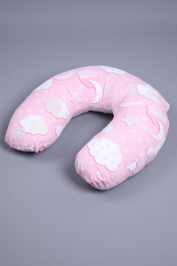 Babyhola Emzirme Yastığı Minderi Yıkanabilir Fermuarlı Dış Kılıf Bulut Desen Pembe 1356 - 2