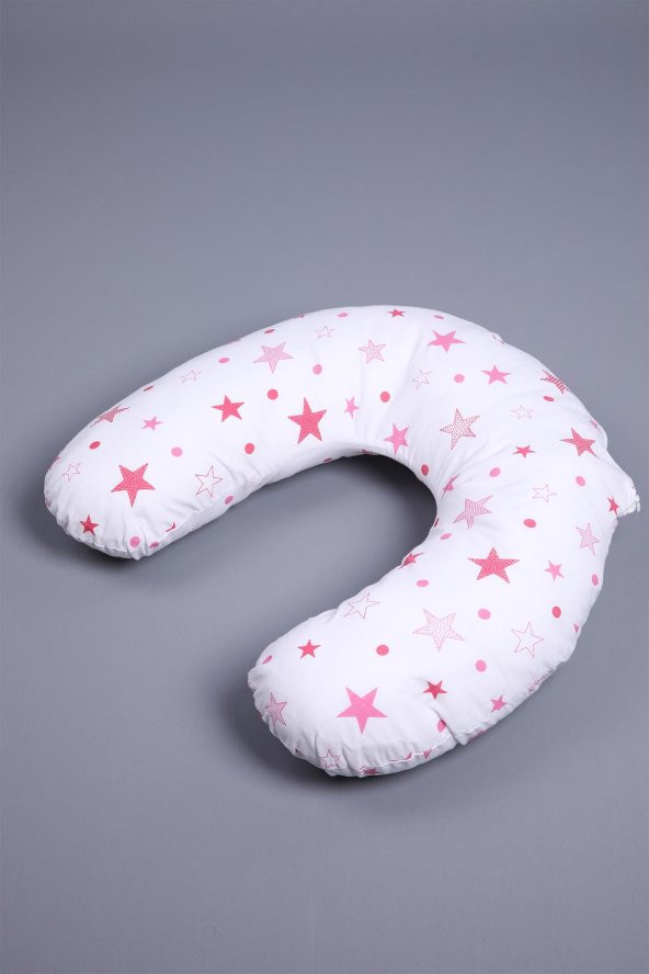 Babyhola Emzirme Yastığı Minderi Yıkanabilir Fermuarlı Dış Kılıf Yıldız Desen Beyaz Pembe 1030 - 2