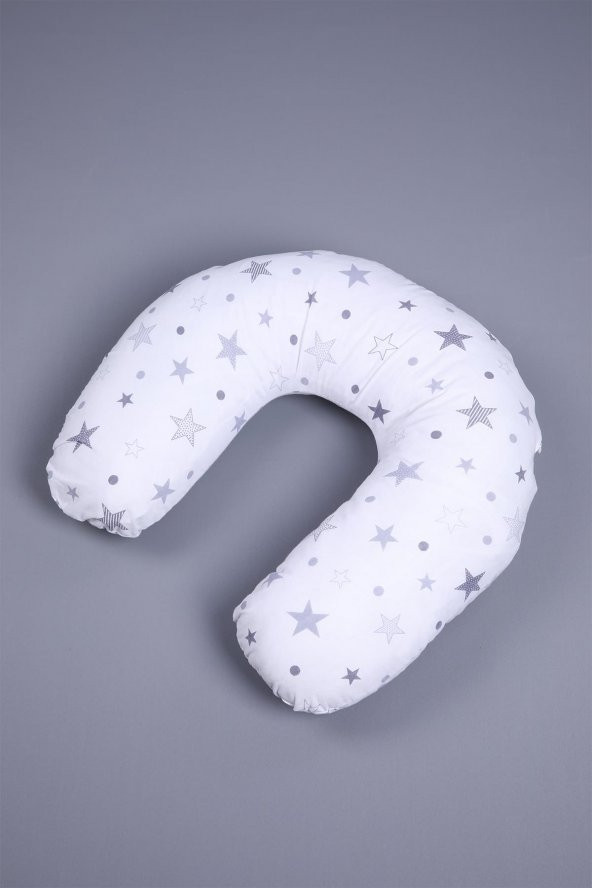 Babyhola Emzirme Yastığı Minderi Yıkanabilir Fermuarlı Dış Kılıf Yıldız Desen Beyaz Gri 1030